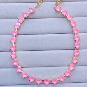 Pink Opal Aurora Borealis + Gold Crystal Heart Tennis Statement Necklace